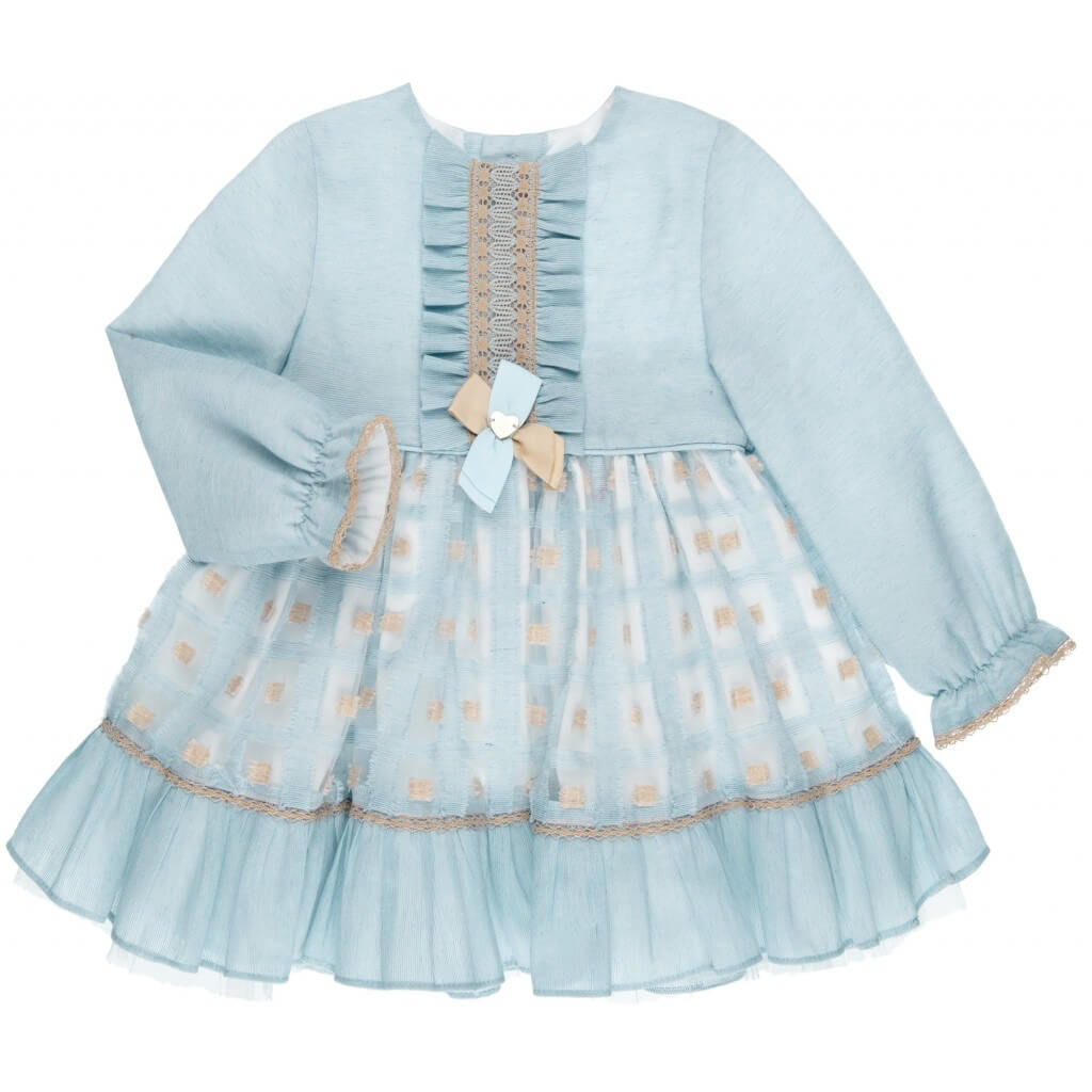 Vestido azul con beige plisado en el centro