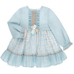Vestido azul con beige plisado en el centro