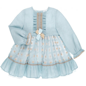 Vestido azul con beige plisado en el centro