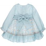 Vestido azul con beige plisado en el centro