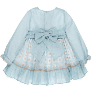 Vestido azul con beige plisado en el centro