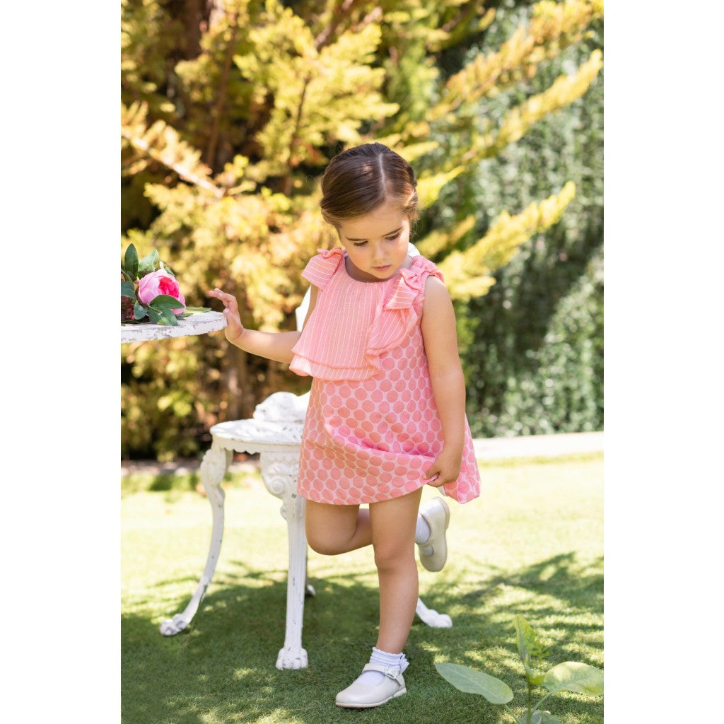 Vestido rosa durazno con topos