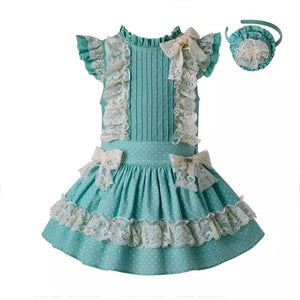 Vestido Niña Verde con encaje beige