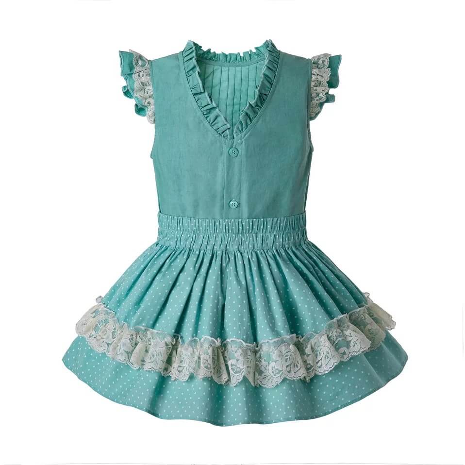 Vestido Niña Verde con encaje beige