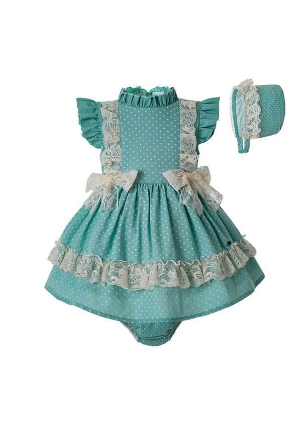 Vestido Bebé Verde con encaje beige